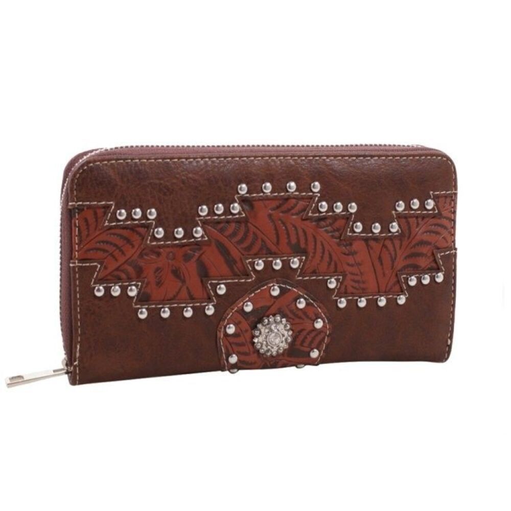 Women's Cowgirl Trendy Brown Studded Aztec Zip-Around Wallet